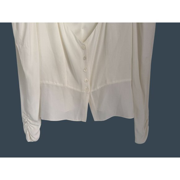 Frame Shirred Peplum 100% Silk Top Button-Down Blouse W/ Pleated Sleeves XS - Picture 4 of 7